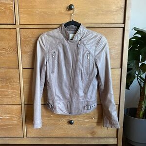 Hinge Seattle Womens S Gray Long Sleeves Ruffle Detail Leather Moto Jacket